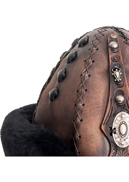 Ertuğrul Gazi Kabartma Desen Metal Broş Hakiki Deri Börk Şapka Kahve-Siyah-58