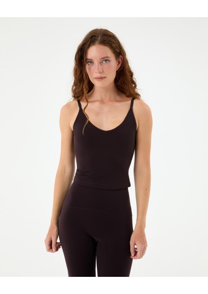 Mürdüm Indigo Göğüs Pedli, Düz ve Çapraz Ayarlanabilir Askılı, Geri Dönüştürülmüş, Half Crop Büstiyer, Spor ve Fitness Sütyeni, U Yaka Longline Motion Bra