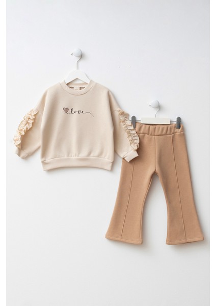 Kolları Büzgülü Brode Detaylı Kız Çocuk Alt Üst Takım