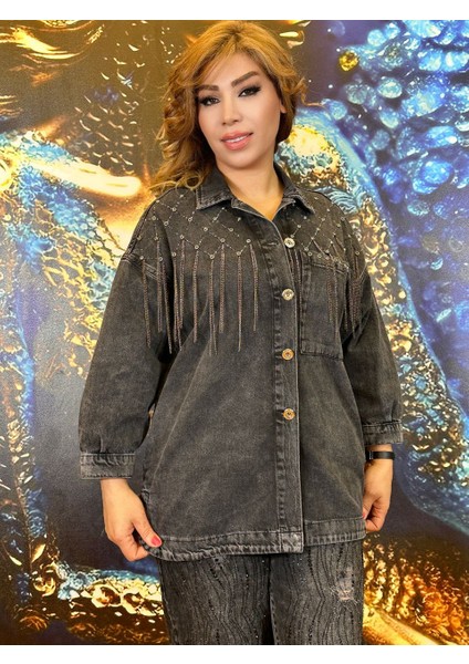 Ceket Taş Işlemeli Zincir Detaylı Uzun Kollu Kot Ceket