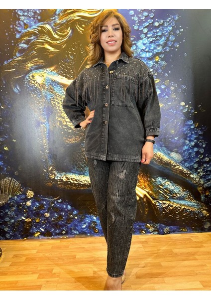 Ceket Taş Işlemeli Zincir Detaylı Uzun Kollu Kot Ceket fiyatları