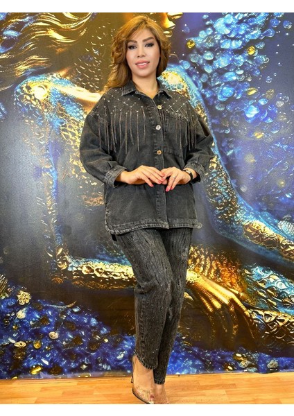 Ceket Taş Işlemeli Zincir Detaylı Uzun Kollu Kot Ceket modelleri