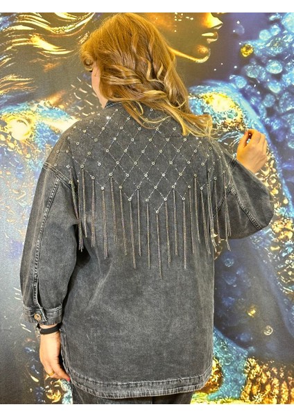 Ceket Taş Işlemeli Zincir Detaylı Uzun Kollu Kot Ceket fırsatları