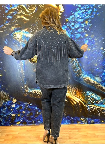 Ceket Taş Işlemeli Zincir Detaylı Uzun Kollu Kot Ceket indirimleri