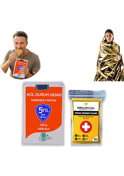 Acil Durum Seti | Termal Battaniye( Çift Taraflı ) ve Acil Durum Gıda | Deprem, Afet, Ilk Yardım, Survival Kit ve Kamp Için Uygun Hayatta Kalma Seti