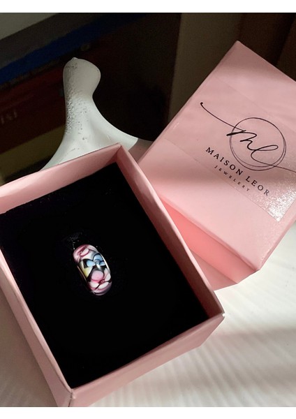 Kırmızı Pembe Çiçek Desenli Murano Cam Charm