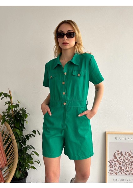 Yüksek Bel Cepli Gabardin Tulum Yeşil modelleri