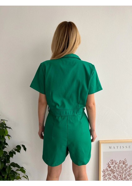 Yüksek Bel Cepli Gabardin Tulum Yeşil fırsatları