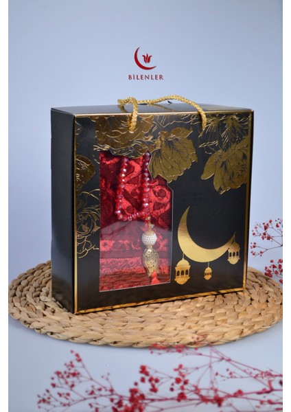 Özel Kutulu Hediyelik Lüks Kadife Dokuma Seccade ve Kristal Tesbih Seti