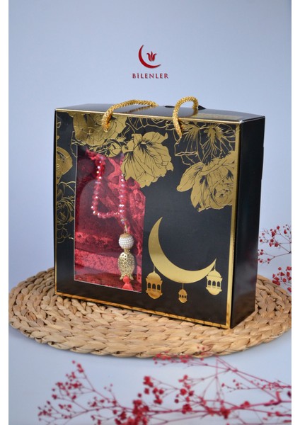 Özel Kutulu Hediyelik Lüks Kadife Dokuma Seccade ve Kristal Tesbih Seti modelleri