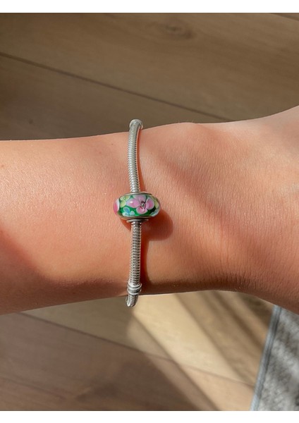 Yeşil Pembe Yaprak Desenli Murano Cam Charm