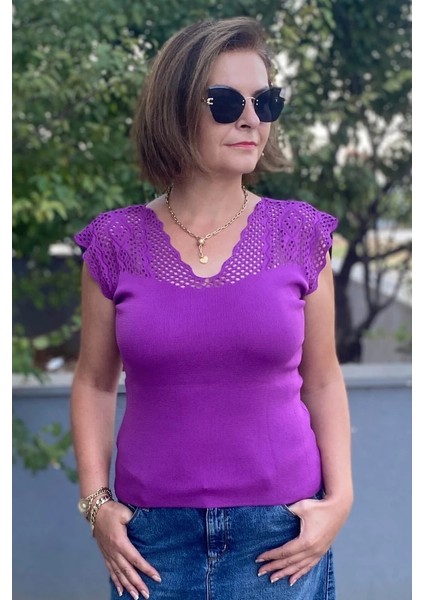 Kadın Mor Sıfır Kol Ajurlu Triko Bluz