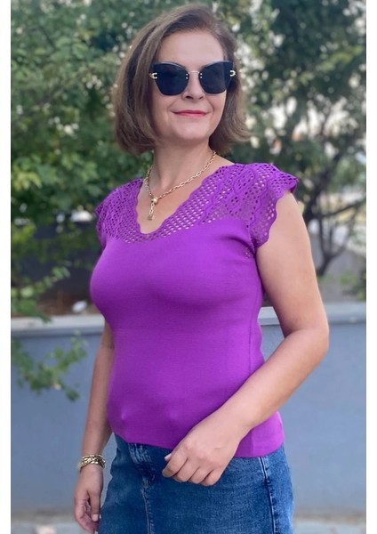 Kadın Mor Sıfır Kol Ajurlu Triko Bluz fiyatları