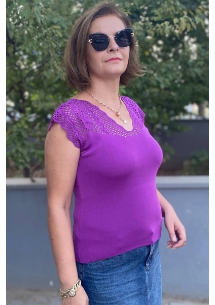 Kadın Mor Sıfır Kol Ajurlu Triko Bluz modelleri