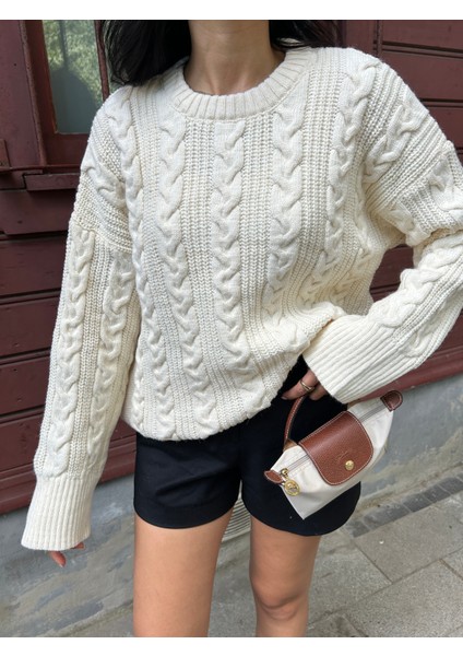 KZK0006 Kadın Ekru Saç Örgülü Selanik Fitilli Rory Gilmore Oversize Triko Kazak modelleri