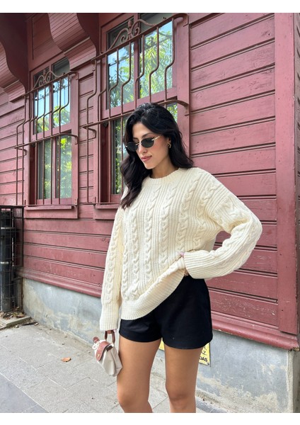 KZK0006 Kadın Ekru Saç Örgülü Selanik Fitilli Rory Gilmore Oversize Triko Kazak fırsatları