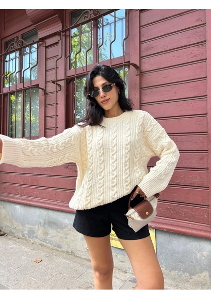 KZK0006 Kadın Ekru Saç Örgülü Selanik Fitilli Rory Gilmore Oversize Triko Kazak indirimleri