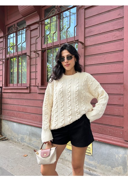 KZK0006 Kadın Ekru Saç Örgülü Selanik Fitilli Rory Gilmore Oversize Triko Kazak