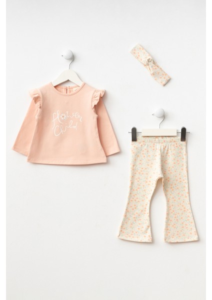 Omzu Fırfırlı Bandanalı Çiçek Baskılı Taytlı Kız Bebek Alt Üst Takım