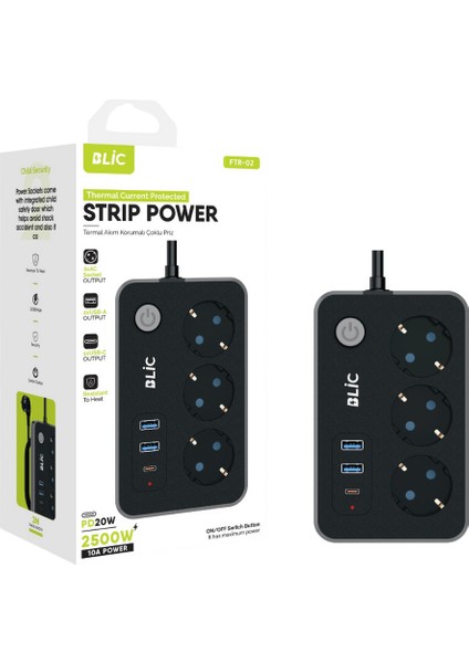 Akım Korumalı Priz, 3x Priz Soketi, 2x USB Girişi, 1x Type-C Girişi, Tasarruflu Uzatma Kablosu, Çocuk Korumalı Adaptör (2 Metre)