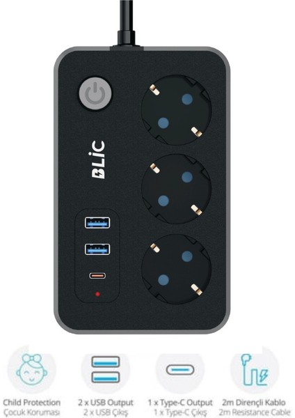 Akım Korumalı Priz, 3x Priz Soketi, 2x USB Girişi, 1x Type-C Girişi, Tasarruflu Uzatma Kablosu, Çocuk Korumalı Adaptör (2 Metre) modelleri