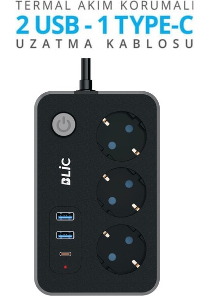 Akım Korumalı Priz, 3x Priz Soketi, 2x USB Girişi, 1x Type-C Girişi, Tasarruflu Uzatma Kablosu, Çocuk Korumalı Adaptör (2 Metre) fırsatları