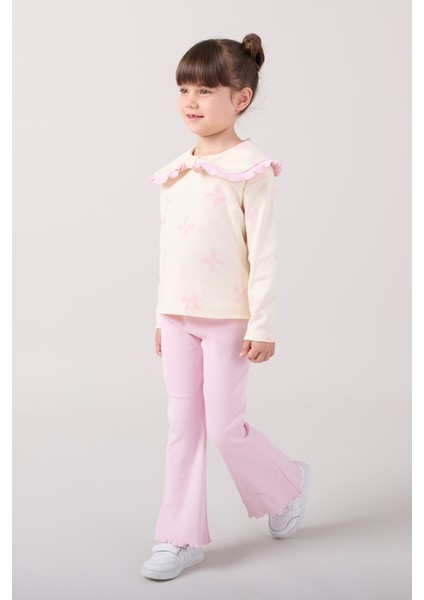 Büyük Yakalı Fiyonk Baskılı Taytlı Kız Çocuk Alt Üst Takım