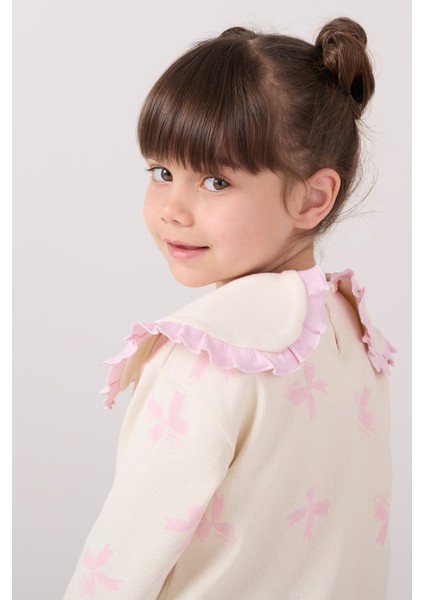 Büyük Yakalı Fiyonk Baskılı Taytlı Kız Çocuk Alt Üst Takım modelleri