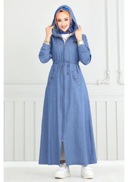 Kadın Kapşonlu Fermuarlı Tesettür Kot Kap