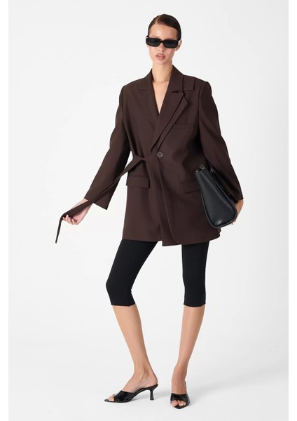 Kadın Kruvaze Çift Yaka Tek Düğmeli ve Oversize Kuşaklı Ceket - Kahve