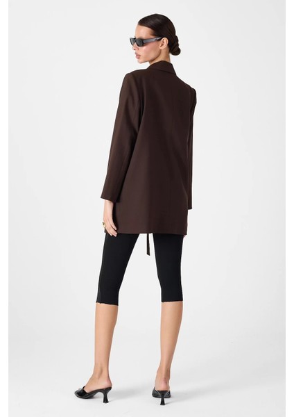 Kadın Kruvaze Çift Yaka Tek Düğmeli ve Oversize Kuşaklı Ceket - Kahve fırsatları