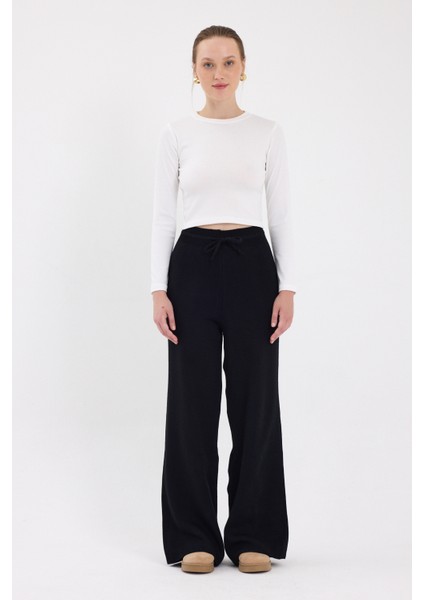 Siyah Yüksek Bel Triko Palazzo Kadın Pantolon 2251