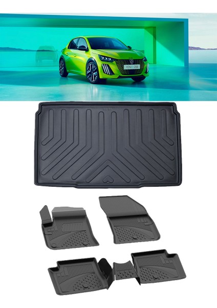 Peugeot 208 Elektrikli 2022 ve Sonrası 4.5 D Paspas 3D Rizline 3D Bagaj Havuzu Set