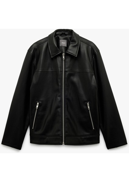 Uzun Kollu Fermuarlı Cep Detaylı Gömlek Yaka Suni Deri Ceket modelleri