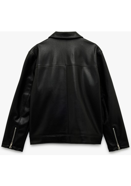 Uzun Kollu Fermuarlı Cep Detaylı Gömlek Yaka Suni Deri Ceket fırsatları