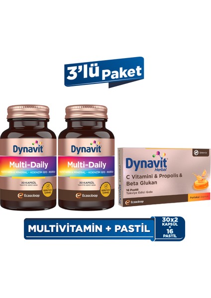 Multi-Daily 30 Kapsül x2 & C Vitamini Propolis 16 Pastil & Beta Glukan 16 Pastil - 4 Mevsim Paketi