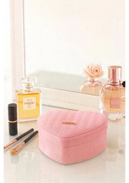 Dekoratif Kadife Takı Bijuteri Mücevher Kutusu Organizer Düzenleyici Pembe Kalpli