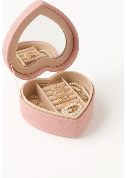 Dekoratif Kadife Takı Bijuteri Mücevher Kutusu Organizer Düzenleyici Pembe Kalpli modelleri