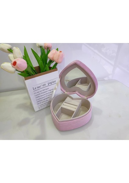 Dekoratif Kadife Takı Bijuteri Mücevher Kutusu Organizer Düzenleyici Pembe Kalpli fırsatları