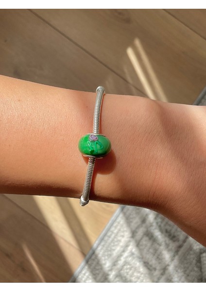Yeşil Pembe Çiçek Desenli Murano Cam Charm