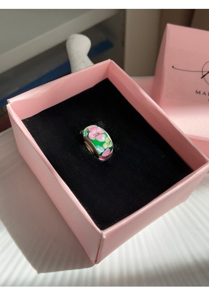 Yeşil Pembe Çiçek Desenli Murano Cam Charm fiyatları