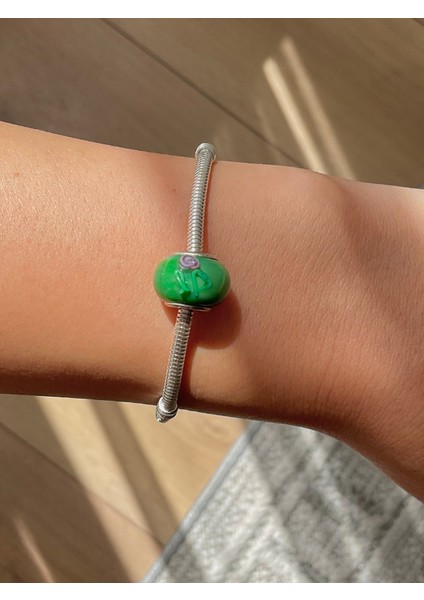 Yeşil Pembe Çiçek Desenli Murano Cam Charm modelleri