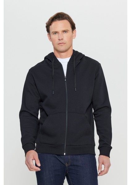 Erkek Siyah Standart Fit Normal Kesim Içi Polarlı 3 Iplik Kapüşonlu Fermuarlı Sweatshirt Ceket modelleri