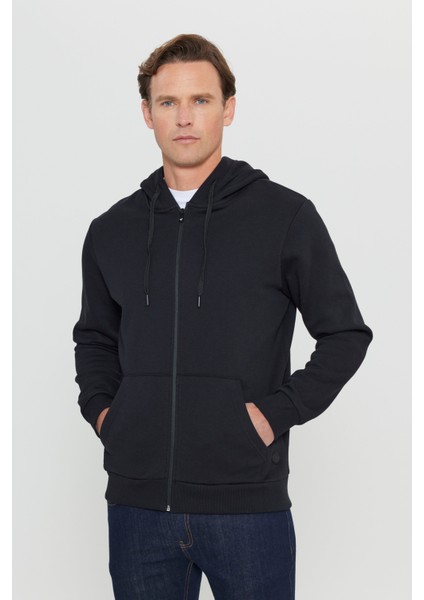 Erkek Siyah Standart Fit Normal Kesim Içi Polarlı 3 Iplik Kapüşonlu Fermuarlı Sweatshirt Ceket indirimleri
