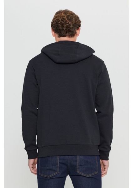 Erkek Siyah Standart Fit Normal Kesim Içi Polarlı 3 Iplik Kapüşonlu Fermuarlı Sweatshirt Ceket
