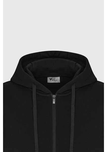 Erkek Siyah Standart Fit Normal Kesim Içi Polarlı 3 Iplik Kapüşonlu Fermuarlı Sweatshirt Ceket