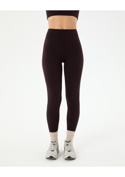 Kadın Mürdüm Koyu Mor Ön Dikişsiz Motion Tayt - Geri Dönüştürülmüş, Yüksek Bel, Çift Kat Korsaj, Kabartma Logolu, Minimal Spor Tayt