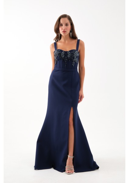 Kadın Lacivert Taşlı Yırtmaçlı Söz Nişan Nikah Abiye Elbise