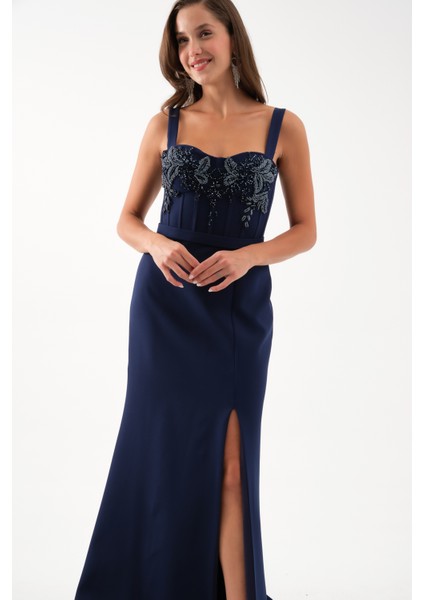 Kadın Lacivert Taşlı Yırtmaçlı Söz Nişan Nikah Abiye Elbise modelleri