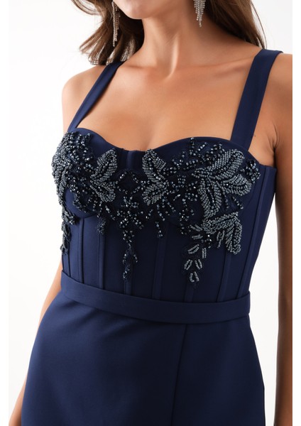 Kadın Lacivert Taşlı Yırtmaçlı Söz Nişan Nikah Abiye Elbise fırsatları